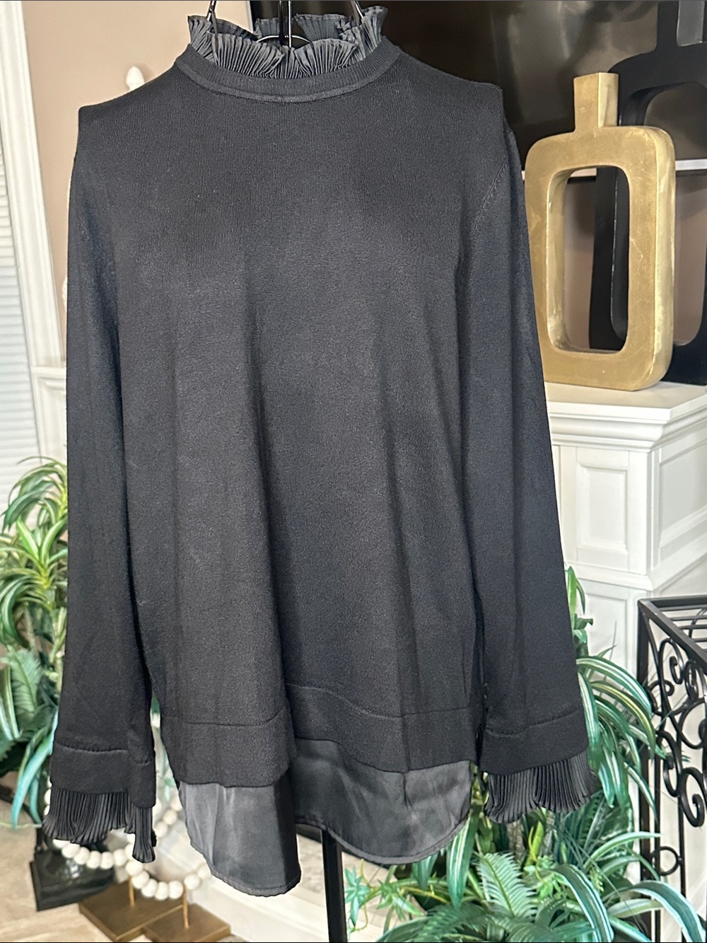 The Limited Black Crewneck Sweater with Sheer Hem and Ruffle Trim